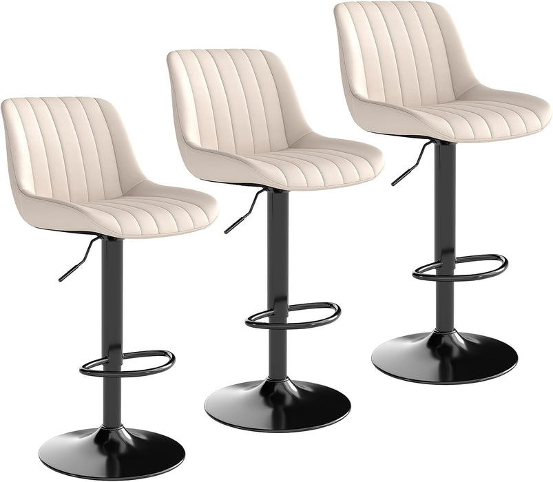Adjustable Faux Leather Bar Stools Set of 3, Beige | Swivel, Counter Height, Back & Footrest, Armless, PU, Modern, Kitchen Island Stool, Upholstered Dining Room Chair