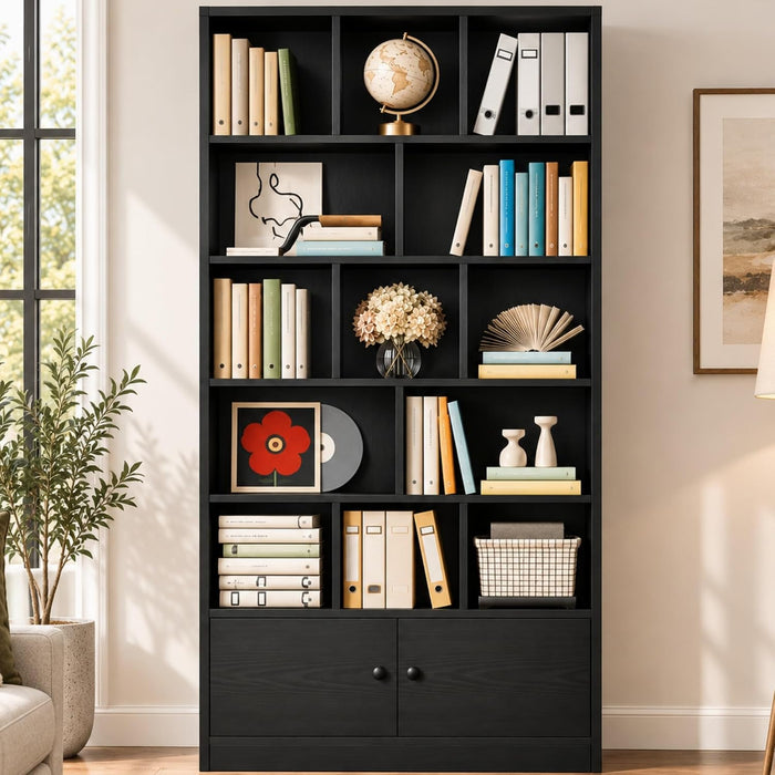 Bookcase with Doors and Open Shelves for Home Office and Living Room