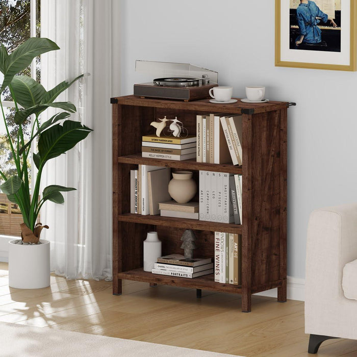 Rustic Short Bookshelf, 3 Shelf Bookcase, Small Wood Low Book Cases/Shelves, Farmhouse Storage Tier Book Shelves for Home Office, Living Room, Small Space (Rustic Oak)