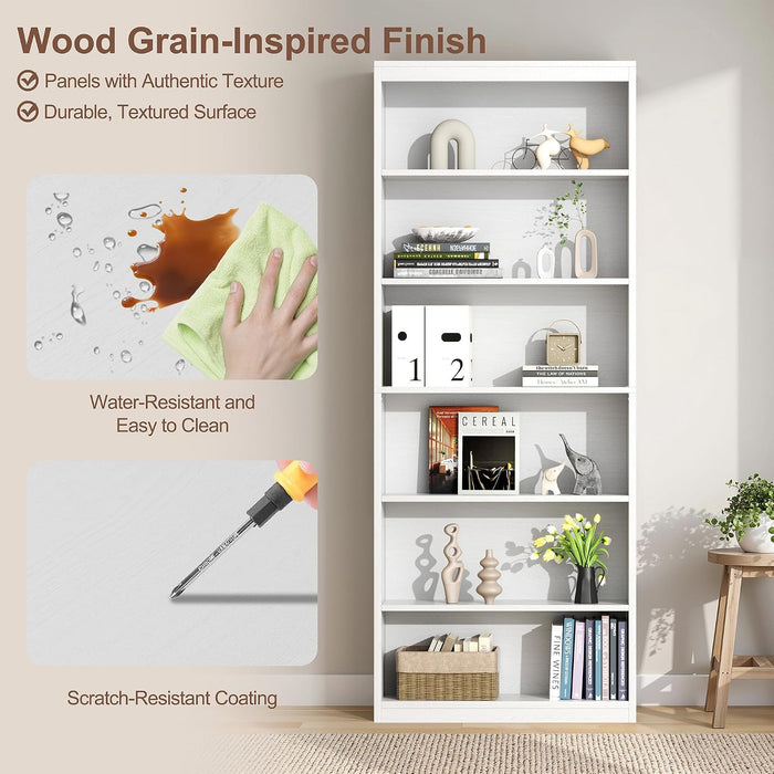 6-Tier Open Bookshelf, Modern Wood Bookcase, White | 71" Tall Floor Standing Bookcase, Wood Display Storage Shelf for Home Office Living Room