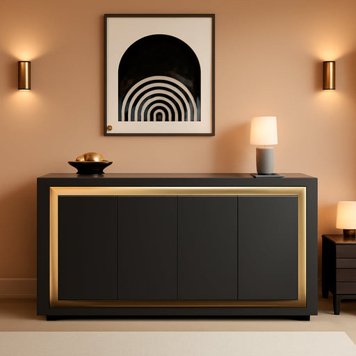 63"Sideboard Buffet Cabinet,Kitchen Buffet Storage Cabinet with Power Outlets & LED Light, Modern Storage Cabinet with 4 Doors,Coffee Bar Console Wine Bar for Living Room,Kitchen,Hallway (Black)