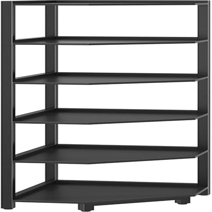 Corner Shelf Stand, Corner Bookshelf, Storage Standing Shelf Unit with Metal Frame, Plant Stand, Corner Bookcase for Living Room, Home Office, Bedroom, 6-Tier Black CS06006B