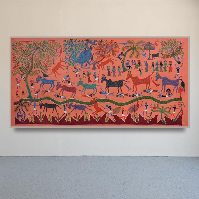 Stampede in the Village | Bhil Art by Bhuri Bai | Exquisite Indian Tribal Artwork | Traditional Folk Painting on Canvas | Vibrant Energy & Cultural Balance | Captivating Wall Décor | Meaningful & Unique Gift