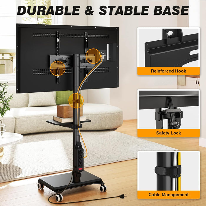 Rolling TV Stand with Power Outlet for 32-60 Inch Tvs, Swivel and Height Adjustable Mobile TV Stand with Shelf, Strong TV Cart on Wheels up to 88 Lbs for Living Room, Bedroom and Office (Black)