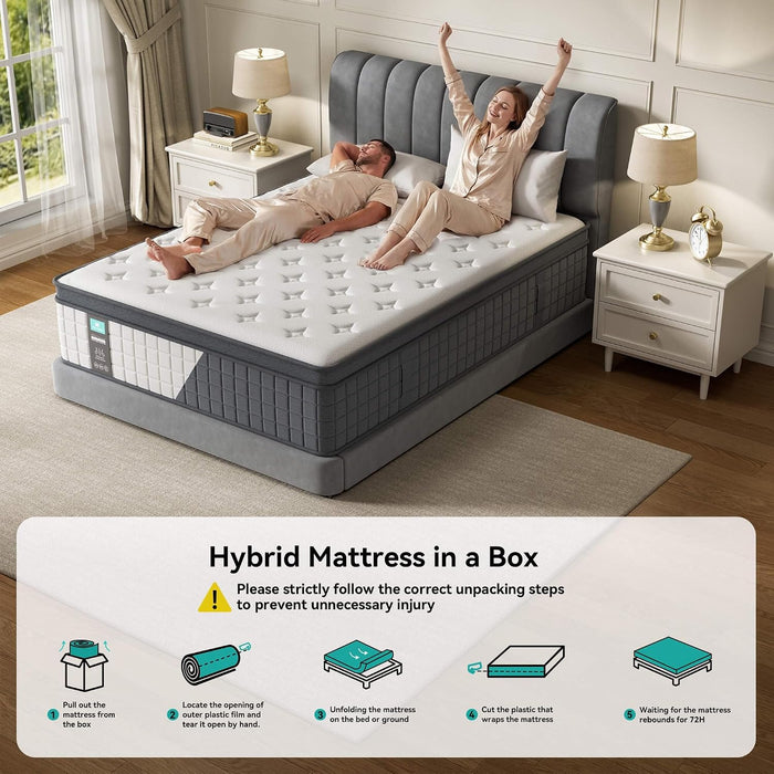 Queen 14 Inch Hybrid Mattress, Medium Firm, 7-Zone Lumbar Support in a Box