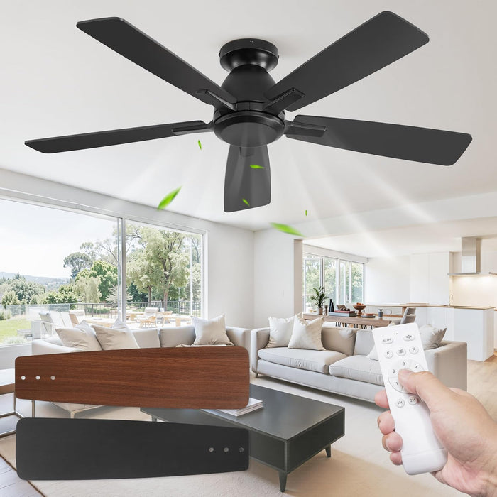 46 Inch Flush Mount Ceiling Fan No Light with Remote,Black Modern Low Profile Ceiling Fan without Light,6-Speeds,Quiet Reversible DC Motor,Indoor&Outdoor Ceiling Fans for Bedroom,Living Room