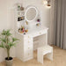 5-Drawers White Wood Makeup Vanity Set Dressing Desk W/ Stool, LED round Mirror and Storage Shelves 52X 31.5X 15.7 In.