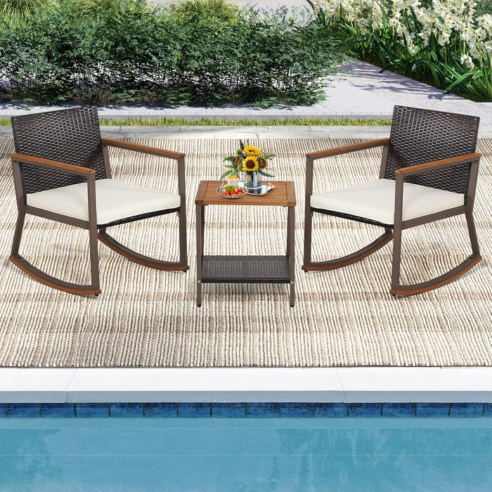 3 Pieces Rocking Bistro Set, Outdoor Rocker Chair with Coffee Table & Cushions, Patio Rattan Furniture Conversation Set for Balcony Porch Poolside (Off White)