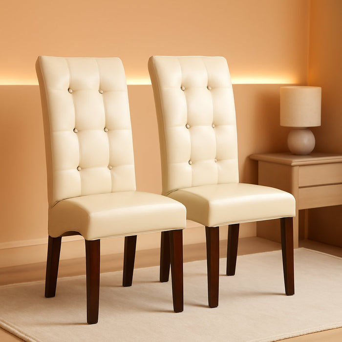 Cosmopolitan Parson Dining Chair (Set of 2), Satin Cream Faux Leather and SOLID WOOD, Square, Upholstered, for the Dining Room, Contemporary Modern