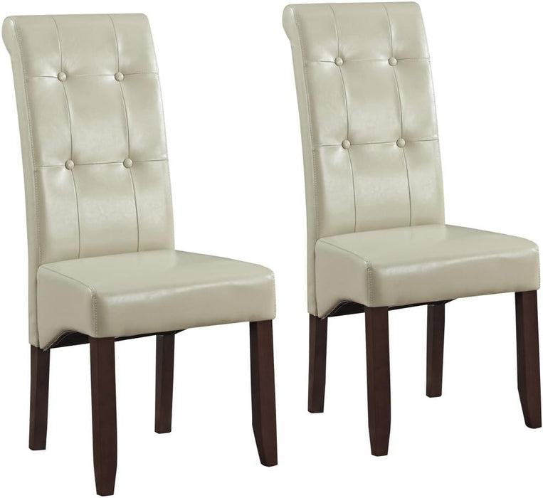 Cosmopolitan Parson Dining Chair (Set of 2), Satin Cream Faux Leather and SOLID WOOD, Square, Upholstered, for the Dining Room, Contemporary Modern