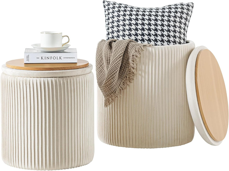 Ottoman with Storage Set of 2, Velvet round Storage Ottoman, Upholstered Sponge Vanity Stool Support 300Lbs, Multifunctional Coffee Table Foot Rest Ottoman for Living Room Bedroom, Beige