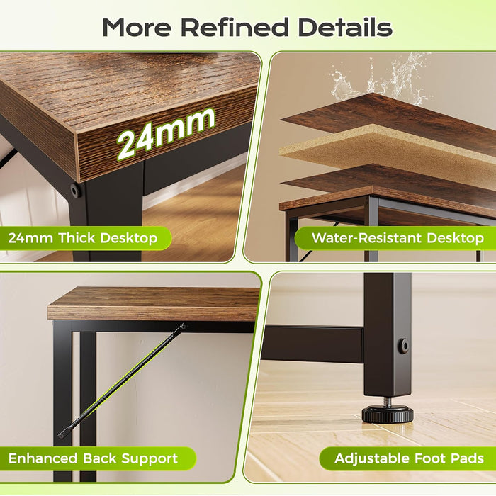 53" L Shaped Computer Desk, Outlets, Monitor Stand, Rustic Brown