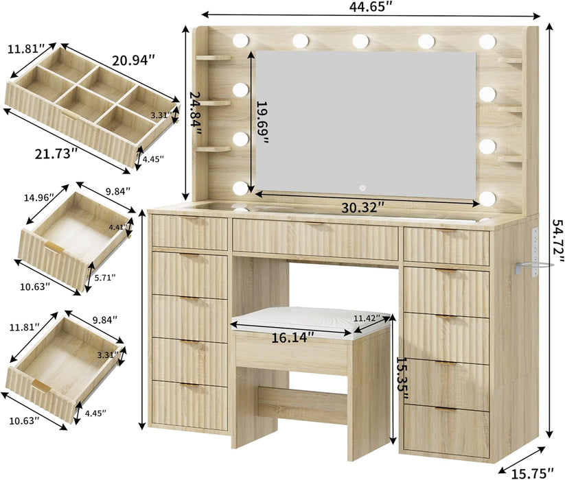 Vanity Desk with Glass Top and 11 LED Bulbs,Makeup Table with Large Mirror & Power Outlet,Hair Dryer Holder,Dressing Table with 11 Drawers & Cushioned Stool for Women and Girls,Bedroom (Natural Oak)