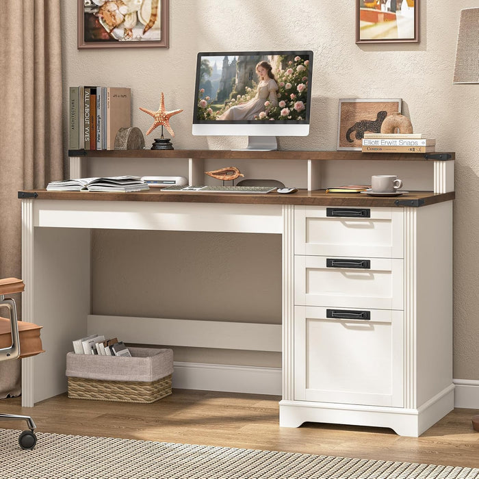 55" Farmhouse Executive Desk with 3 Drawers, Wooden Computer Desk with Keyboard Tray, Home Office Desk with File Drawer (Fits A4 Size) for Work and Study, White and Brown