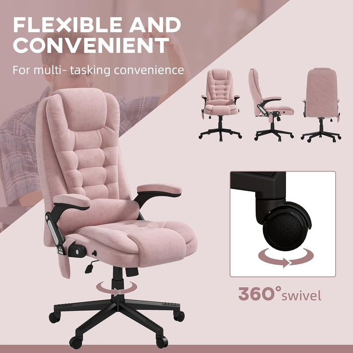 6 Point Vibrating Massage Office Chair with Heat, Velvet High Back Executive Office Chair with Reclining Backrest, Padded Armrests and Remote, Pink