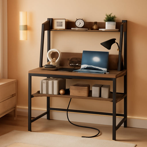 47 in Modern Computer Desk with Power Outlets and 2 USB Ports, Home Office Study Writing Desk with Hutch and Bookshelf, Large Workstation Gaming Table with Charging Station, Rustic Brown