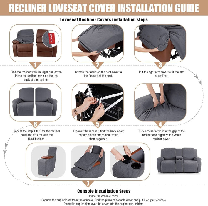 Recliner Loveseat Cover with Middle Console Stretch Reclining Sofa Slipcover for 2 Seat Jacquard Reclining Couch Sofa Covers Furniture Protector with Elastic Straps Bottom (Dark Gray)