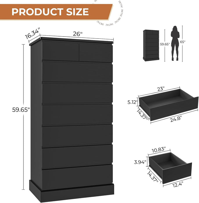 Black Tall Dresser for Bedroom with 8 Drawers, 59.6" Tall Dressers & Chests of Drawers, Modern Wood Closet Organizer and Storage Cabinet, Large Vertical Dresser for Bedroom, Closet, Hallway
