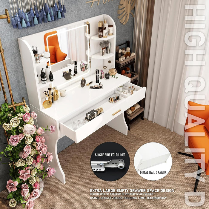 White Makeup Vanity Desk Featuring Illuminated Mirror