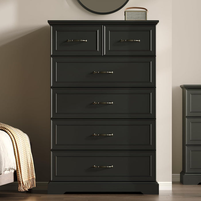 tall black dresser with deep drawers Romorgniz for Bedroom 6 Wood Drawers, Handle-Free 43.2"H Sturdy Durability The sleek black chest of drawers features a waterproof top surface Black Tall 7 Drawer Dresser