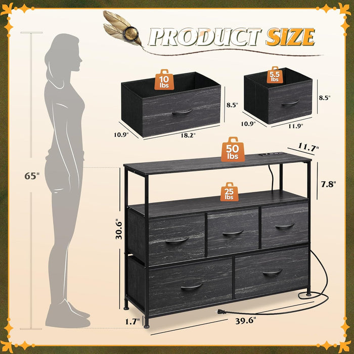 Dresser for Bedroom with 5 Drawers，Fabric Dresser with Charging Station,Chest of Drawer with Open Shelves, Storage Dresser for Living Room, Closet, Entryway, Charcoal Black Wood Grain Printt