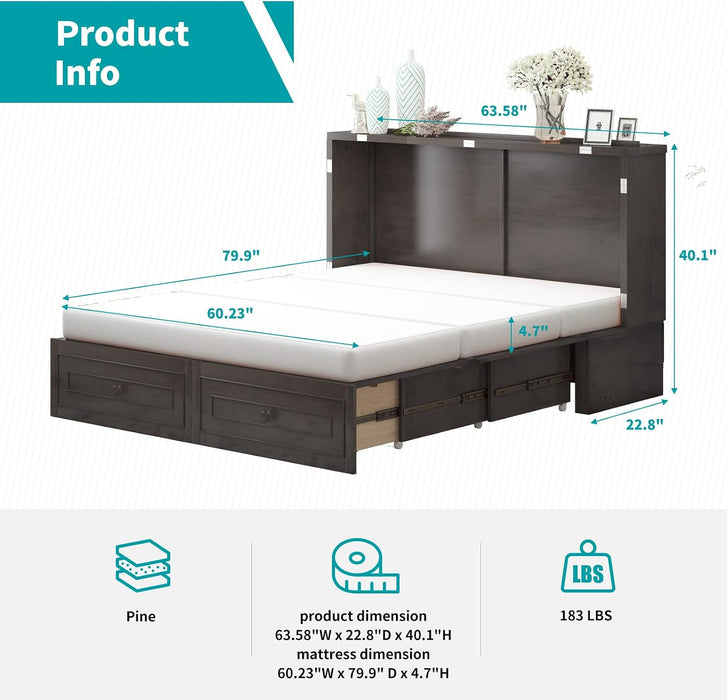 Queen Murphy Wallbed Cabinet Grey USBChargingStation