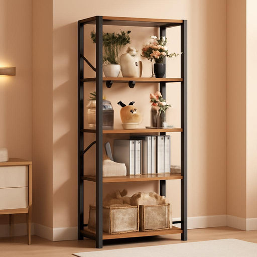 6 Tier Tall Bookshelf, Industrial Narrow Bookcase, Display Standing Shelf Units, Metal and Wood Storage Rack Organizer for Living Room, Home Office, Entryway, Kitchen, Rustic Brown