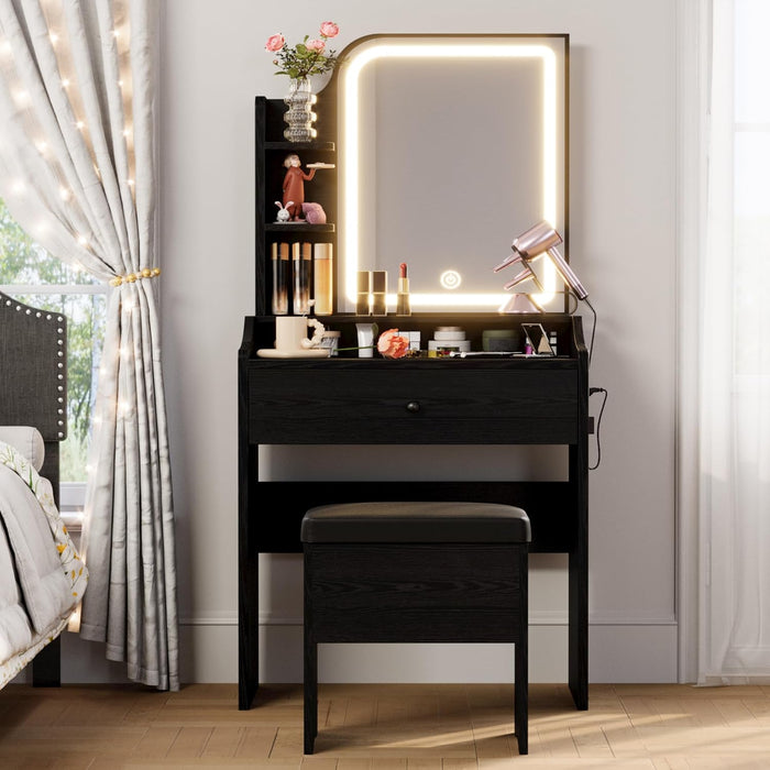 Black Vanity Desk With LED Illuminated MirrorStorage