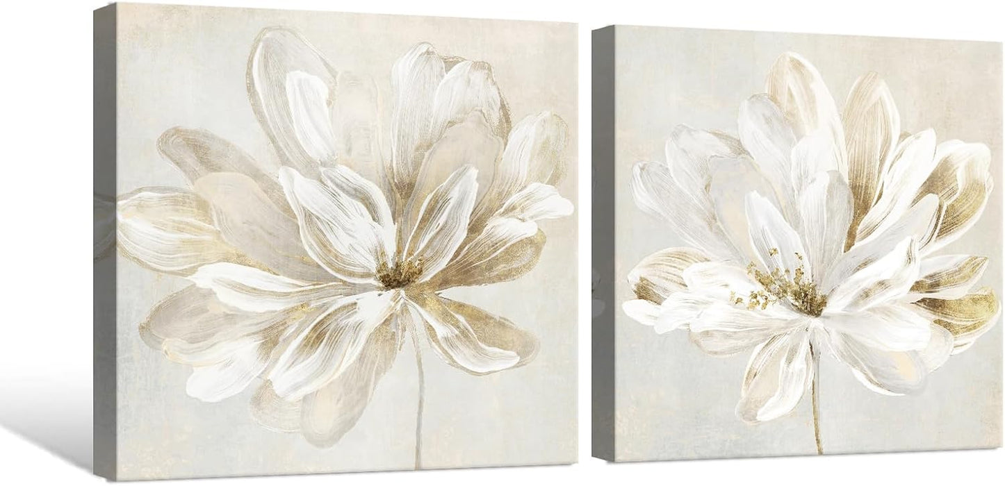 2 Pcs Beige and Gold Flower Wall Art Blooming Flower Abstract Floral Artwork Canvas Print Poster for Living Room Bedroom Office Wall Decor 24"X24"