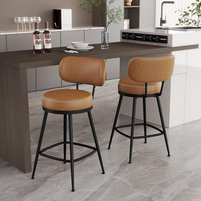 Bar Stools Set of 2, Faux Leather 26" H Swivel Counter Height Barstools with Back, Mid Century Modern Bar Stools with Stylish Stitching for Kitchen Island, Metal Base, Saddle Brown