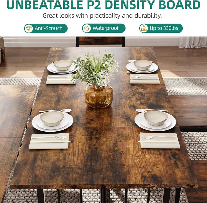 6-Piece Dining Table Set for 6-8 People, 63 Inch Kitchen Table Set with 4 Chairs and 2 Benches, Farmhouse Rectangular Dining Room Table Set for Kitchen Apartment Saving Space, Rustic Brown