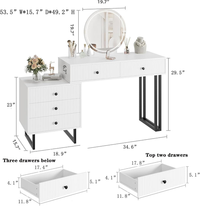 Vanity Desk with Mirror and Lights, 49.2”H Makeup Vanity with 3 Color Lights and Adjustable Brightness, Bedroom Vanity Table with 5 Drawers, White