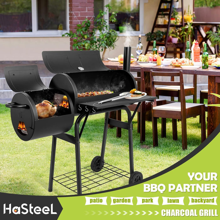 Outdoor Charcoal Grill with Cover, Large Barrel BBQ Grill with Offset Smoker, Great for Camping Patio Backyard Garden Party Picnic Beach, Large 420.SQ.IN Cooking Area, 2 Screwdrivers - Black