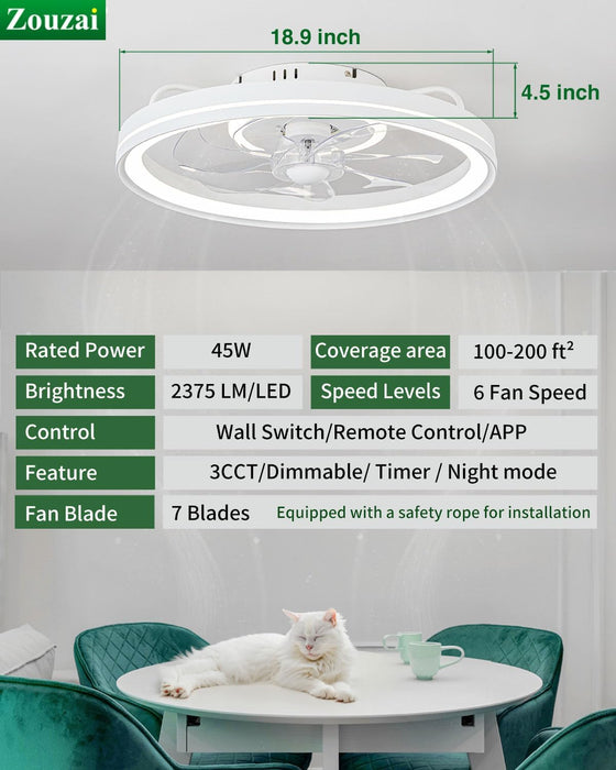 Low Profile Ceiling Fan with Lights and Remote, 20 Inch Modern Ceiling Fans Flush Mount, Dimmable Bladeless LED Fan Light, Ceiling Fans with Lights for Bedroom (White, Frosted Ring)