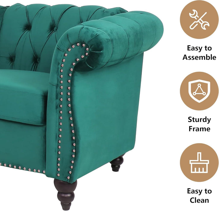 3-Piece Living Room Sectional Sofa Set, Green Velvet Couch Upholstered Sofa Modern Sofa Couches Set Style Button Tufted, Velvet Chesterfield Sofa for Living Room Apartment, 1+2+3 Seat Green