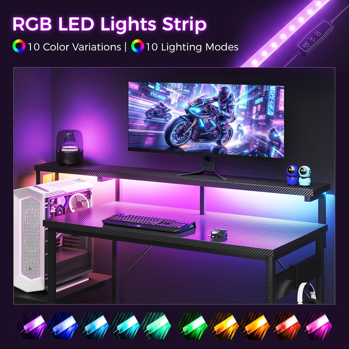 55 Inch Gaming Desk with LED Lights, Computer Desk with Storage Shelves, Reversible Desk with Monitor Stand, Carbon Fiber Black