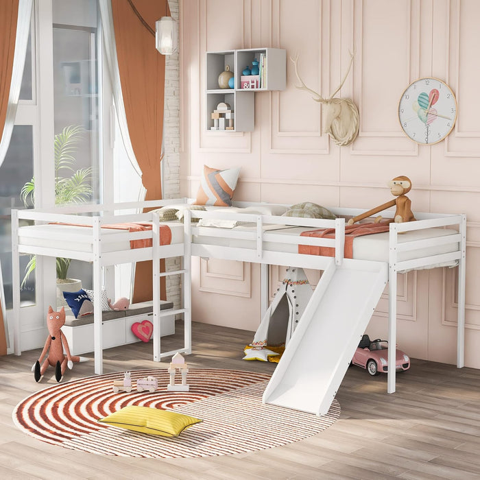 L-Shaped Twin Size Loft Bed with Ladder
