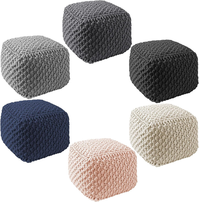 Square Pouf Ottoman, Natural - 18.5" W X 18.5" D X 14.5" H Cotton Knit Foot Stool - Boho Floor Pouffe for Living Room, Bedroom, Home Office