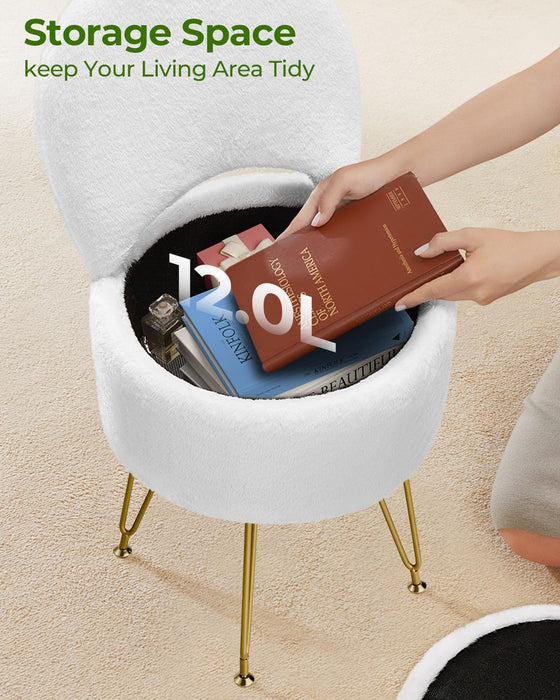 Vanity Stool Chair with Storage and Folding Back, 15.7" X 15.7" X 19.5" Faux Fur Soft Ottoman for Adults, 4 Metal Legs with Anti-Slip Feet, Furry Padded Seat for Makeup, Bedroom, White
