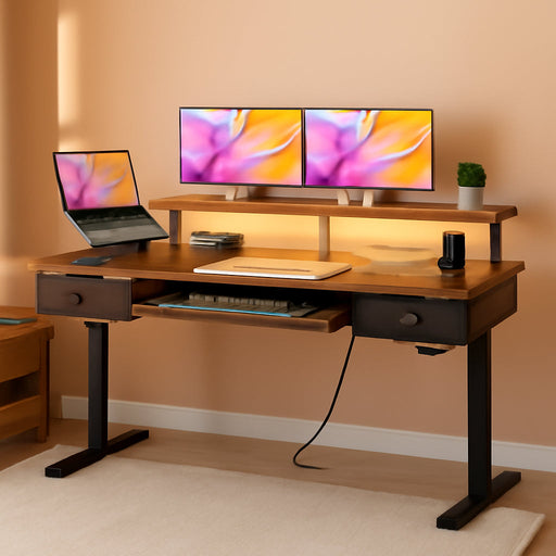 Electric Standing Desk with Drawers & Keyboard Tray, 55 Inch Height Adjustable Gaming Desk with Power Outlets & LED Lights, Sit Stand Table with Monitor Stand for Home, Office, Rustic Brown