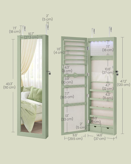 6 Leds Mirror Jewelry Cabinet, 47.2-Inch Tall Lockable Wall or Door Mounted Jewelry Armoire Organizer with Mirror, 2 Drawers, 3.9 X 14.6 X 47.2 Inches, Laurel Green UJJC093C01
