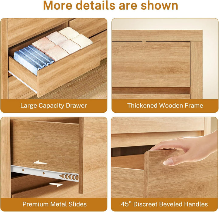 63" Dresser for Bedroom with 9 Drawers, Modern Dressers & Chests of Drawers with Metal Handles, Wooden Dresser TV Stand, Bedroom Dressers, for Bedroom, Hallway, Natural