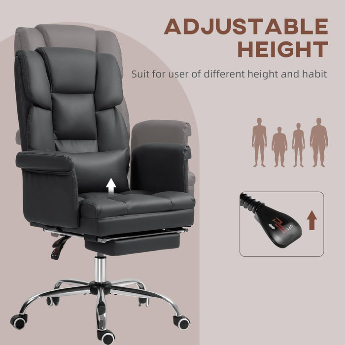 Executive Office Chair with Footrest and Lumbar Support, PU Leather Ergonomic Office Desk Chair, Reclining and Swivel Chair, Black