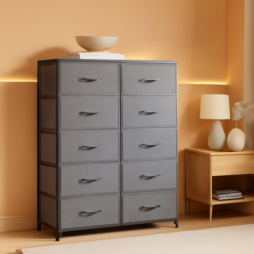 Tall Dresser for Bedroom with 10 Fabric Drawers, Organizer Units for Living Room, Clothing, Closet, Storage Tower with Cabinet, Metal Frame, Wooden Top, Furniture, Dark Grey