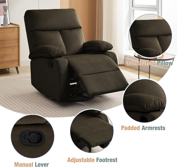 Swivel Rocker Recliner Adults, Rocking Small Recliner Chair for Small Spaces, Small Rocker Recliner Chair for Living Room, RV, Nursery, Bedroom, Dark Brown