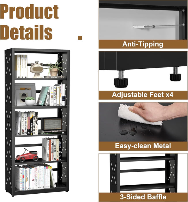 5 Tier Bookshelf, 55"Metal Display Book Shelf, Adjustable Bookcase | Black Bookshelf, Modern Utility Shelf, Tall Storage Shelves, Open Book Case for Office, Living Room, Kitchen, Study Room-23"W