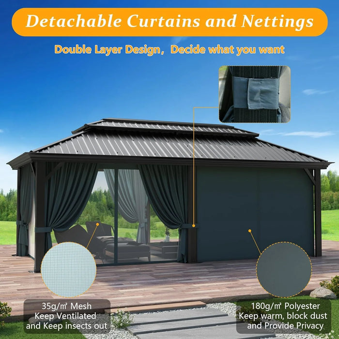 12X20 Hardtop Gazebo Aluminum Metal Gazebos Galvanized Steel Double Roof Permanent Hardtop Gazebo with Netting and Curtains Aluminum Frame Steel Gazebos for Deck, Lawns and Backyard, Black