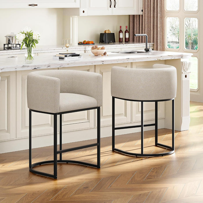26" H Counter Height Bar Stools Set of 2, Modern Barrel Counter Stools with Backrest and Arms, Linen Fabric Upholstered Accent Barstools for Kitchen Island,Support 450 LBS (Beige)