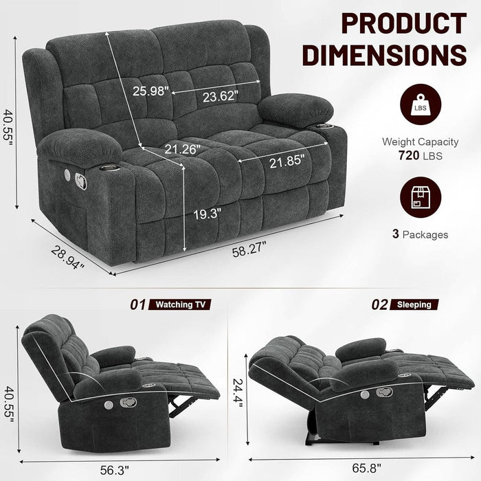 Loveseat Recliner Sofa, 2 Seater Minimalist Style Fabric Manual Pull Tab Reclining Loveseat with USB Charge Ports, Cup Holders, Recliner Love Seat Couches for Living Room, RV, Gray