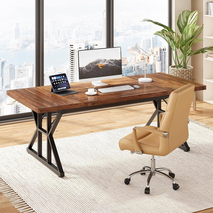 70.8-Inch Office Desk, Wooden Executive Office Desk, Modern Work Desk, Large Farmhouse Writing Table Computer Desk for Home, Brown-Black